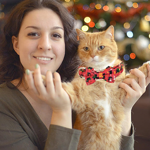 Christmas Dog Collar Bow Flower Tie Santa Stocking Pattern Dog Collar, Comfortable Adjustable Puppy Collars with Secure Metal Buckle for Small Med...