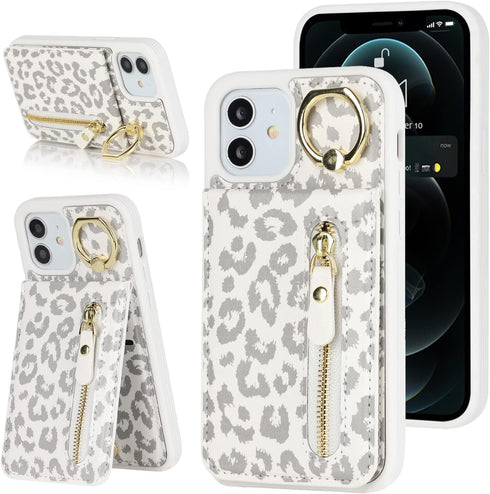 iPhone 12 pro Case with Card Holder for Women, iPhone 12 pro Phone Case Wallet with Credit Card with Ring Kickstand Zipper Shockproof Slim Stand C...