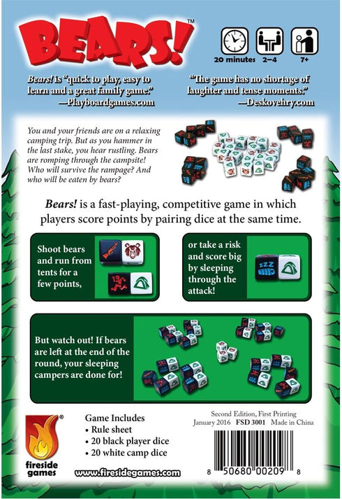 Bears - an Exciting Board Game for Family Fun – A Fast-Paced Dice Pairing Game for 2-4 Players Ages 7 and Up with 20 Minute Play Time by Fireside ...