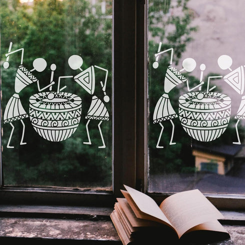 FINGERINSPIRE Warli Art Painting Stencil 11.8x11.8inch Tribal People Drumming Stencil Tribal Art Stencil Decorative Tribe Theme Plastic Stencil fo...