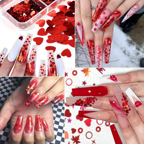 6 Grids Heart Nail Sequins 3D Holographic Nail Glitter Flakes Acrylic Nail Art Supplies Red Love Hearts Shaped Nail Glitter Sequins Valentine's Da...