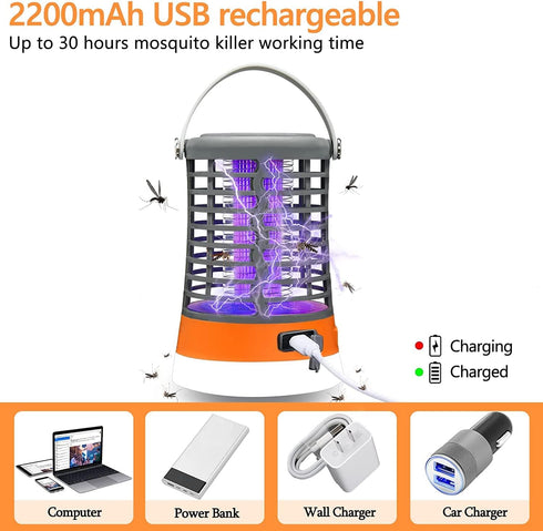 Bug Zapper, Electronic Fly Trap Camping Lamp Waterproof Mosquito Killer Rechargeable Fly Repellent Killer Portable Bug Zapper with Tent Light, Cam...