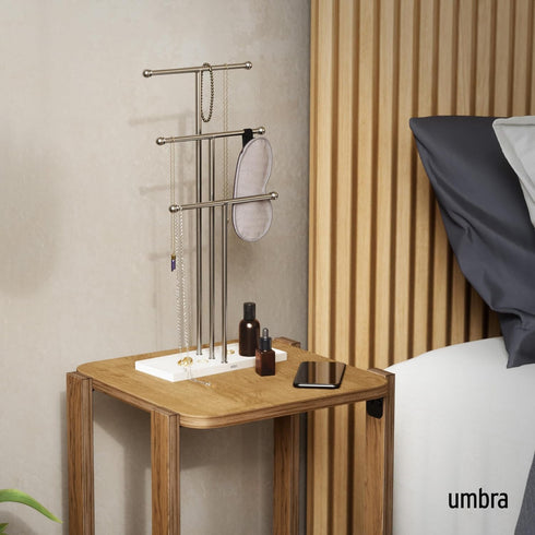 Umbra Trigem Hanging Jewelry Organizer Tiered Tabletop Free Standing Necklace Holder Display, White/Nickel...