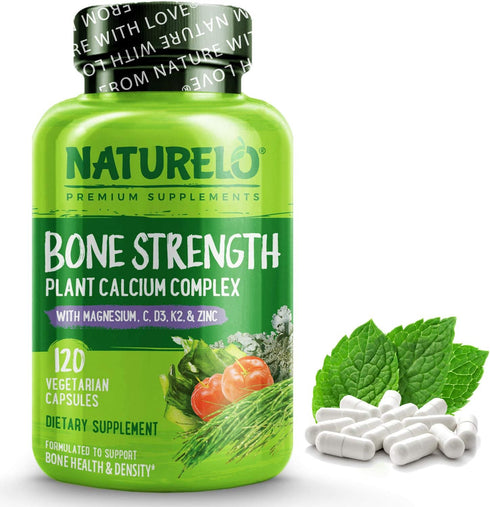NATURELO Calcium Supplement - Bone Strength with Calcium 600mg, Vitamin D3, K2, C, Magnesium Zinc - Plant-Based, 120 Vegetarian Capsules, Non-GMO,...