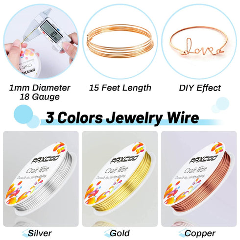 Paxcoo 3 Pack Jewelry Wire Craft Wire 18 Gauge Tarnish Resistant Jewelry Beading Wire for Jewelry Making Supplies and Crafting (Silver, Gold and C...