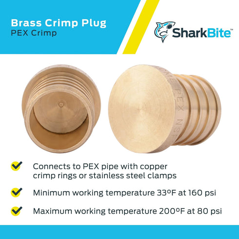 SharkBite 1 Inch Crimp Plug, Pack of 10, Brass Plumbing Fitting, PEX Pipe, PE-RT, UC520LF...