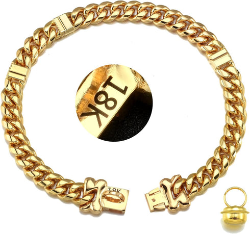 18K Engraved Dog Collar Gold Metal Stainless Steel with Bone Lock 14mm Gold Big Dog Luxury Training Collar Cuban Link Necklace Chain with Bell...