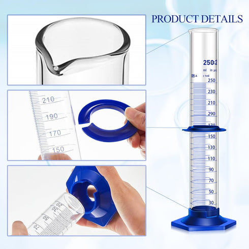 Thick Glass Graduated Cylinder Measuring Liquid Lab Cylinders with Anti-Falling Plastic Base and Bumper Guards and Glass Dropper (Glass, 250ML)...