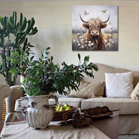 Enartly Bathroom Wall Art Highland Cow Painting Rustic Farmhouse Picture Animal Canvas Print, Nature Flower Landscape Abstract Artwork Framed for ...