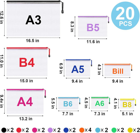 20pcs Mesh Zipper Pouch Bags,9 Sizes Plastic Zipper Bags for Organization,Reusable Zipper Pouches for Puzzle Board Game Storage,for Travel School ...