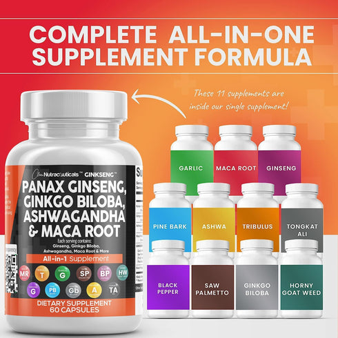 Clean Nutraceuticals Panax Ginseng 10000mg Ginkgo Biloba 4000mg Ashwagandha Maca Root 3000mg - Focus Supplement Pills for Women and Men with Pine ...