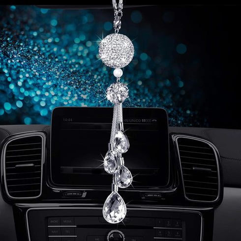 Bling Rear View Mirror Accessories for Women, Lucky Car Interior Rearview Crystal Decor Charm, Rhinestone Ball Ornament Sun Catcher Pendant...