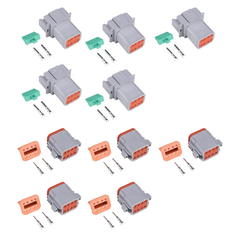 MUYI 5 Kit 8 Pin Way DT Series Connector Gray Receptacle IP67 Waterproof Heavy Duty 14-18 AWG 13 Amps Continuous DT04-8P DT06-8S w/Wedge Lock W8P ...