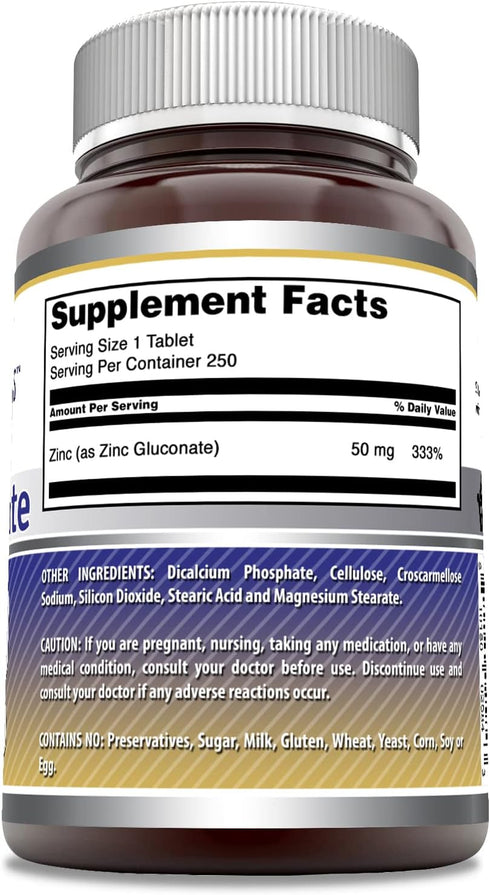 Amazing Formulas Zinc Gluconate 50mg 250 Tablets Supplement | Non-GMO | Gluten Free | Made in USA...