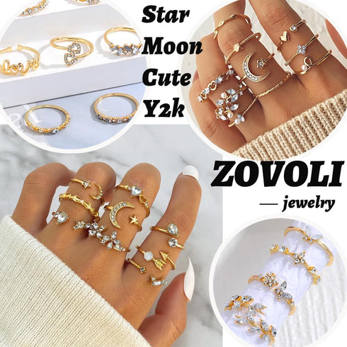 Gold Knuckle Stacking Rings Set for Women, Boho Dainty Sparkle Crystal Rhinestone Moon Star Rings Sets, Vintage Joint Rings Pack Jewelry Gift for ...