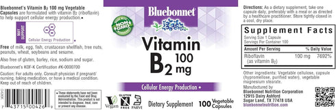 Bluebonnet Nutrition Vitamin B2 100 mg, For Cardiovascular and Nervous System Health, Soy-Free, Gluten-Free, Kosher Certified, Dairy-Free, Vegan, ...