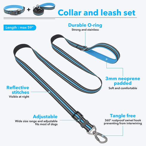 BSEEN Reflective Dog Collar and Leash Set - Adjustable Nylon Dog Collar& Leash with Neoprene Padded, Heavy Duty Dog Collar with 5 Feet Dog Lead fo...