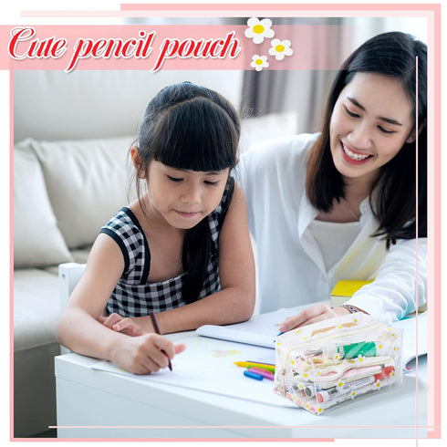 Henoyso 4 Pcs Clear Small Makeup Bag with Zipper Cute Flower Daisy Heart Strawberry Cosmetic Bags Transparent Makeup Pouch Cartoon Pencil Case Wat...