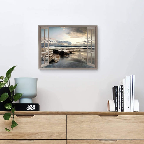 Fake Window Coastal Wall Art: Rocky Beach Artwork Lake Under Sunset Canvas Painting Nature Landscape Prints Ocean Clouds Modern Photo Small Quiet ...