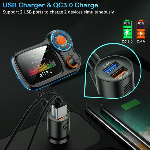 TSNAM Wireless Car Bluetooth Adapter,Radio FM Transmitters HandsFree Call Receiver and MP3 Music/APP Audio Play,QC3.0 and Smart 2.4A Dual USB Char...