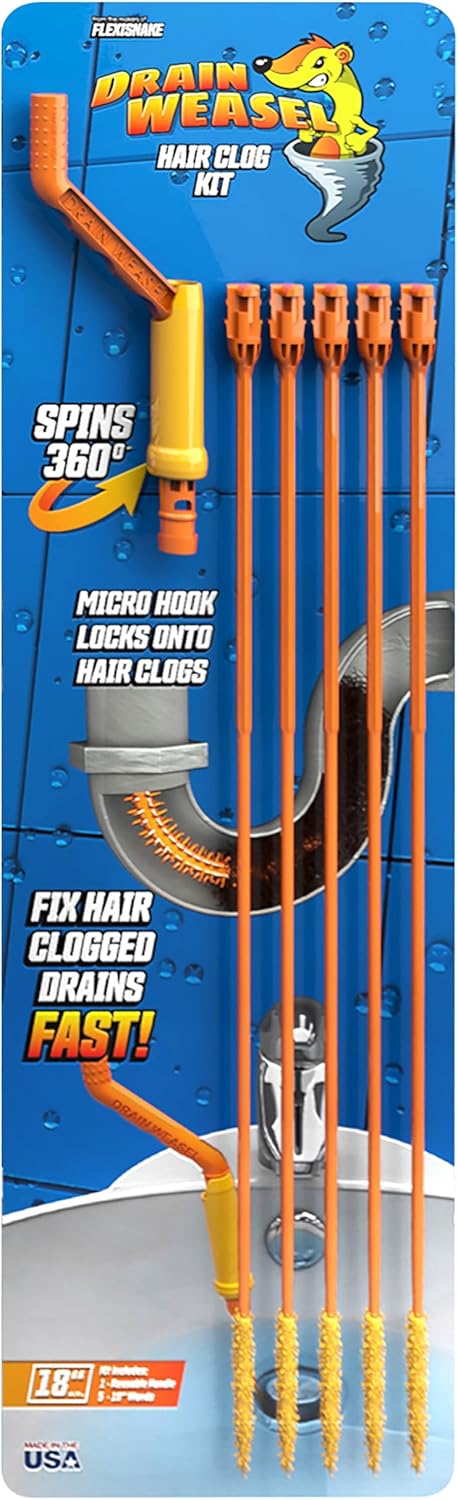 FlexiSnake Drain Weasel Sink Snake Hair Clog Remover Tool, Pipe, Bathroom, Bathtub Cleaner, 18-inch, Made in the USA, 5 Wands and Removable Handle...