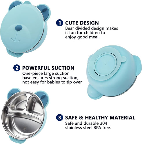 Stainless Steel Baby Feeding Bowl, Toddler Suction Plate with Lid Spoon and Fork, Perfect for Children (Blue)...