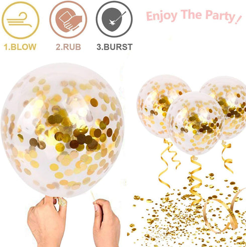 Black and Gold Confetti Balloons, 50 Pack 12inch White Latex Party Balloon Set with Gold Ribbon for New Year Graduation Birthday Baby Shower Decor...