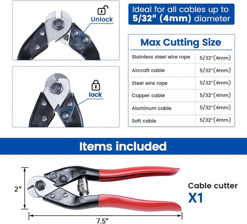 Upgraded Version Muzata Wire Cutters Heavy Duty Cable Cutters Steel Wire Rope Up to 5/32" Stainless Steel Deck Stair Railing Aircraft Strong Thick...