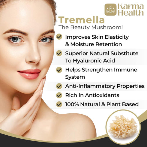 Tremella Mushroom Extract Supplement - Organic Skin Supplement - Compressed Snow Mushroom Powder Capsules - 25% Beta Glucan Content, Vegan & GMO F...