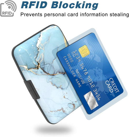 Credit Card Holder, Mini Aluminum Card Wallet RFID Blocking Slim Metal Hard Card Case for Women Men, Blue Marble...