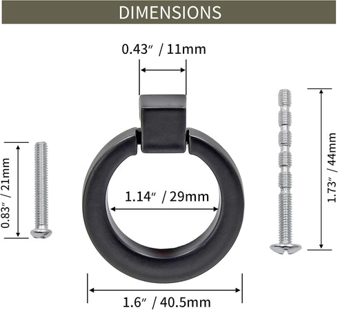 6Pcs Round Cabinet Ring Pull Handles Single Hole Ring Knobs for Cabinet Drawer Dresser Cupboard Wardrobe, Matte Black...