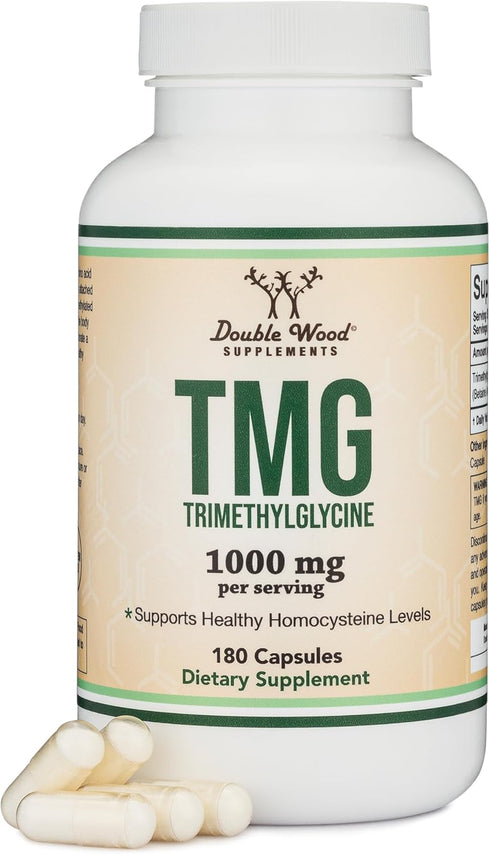 Double Wood Supplements TMG Trimethylglycine Supplement 1,000mg Per Serving, 180 Capsules (TMG Supplements for Homocysteine Control) Genuine TMG w...