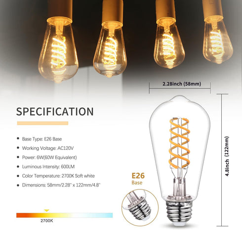 12 PCS Dimmable Vintage LED Edison Bulbs, 6W Equivalent 60 Watt, Warm White 2700K, Antique Flexible Spiral LED Filament Light Bulb, ST58 (ST19), 6...
