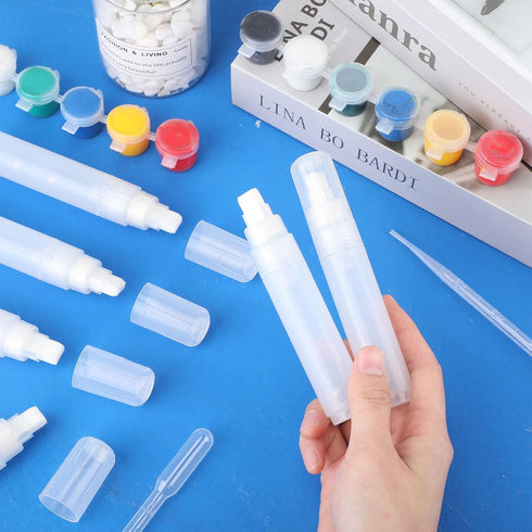 Sabary 10 Pcs Refillable Paint Markers 10 mm Empty Acrylic Markers Blank Flat Head Graffiti Markers White Fillable Paint Pen with 5 Pcs 3 ml Dropp...
