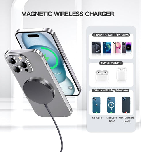 Magnetic Wireless Charger iPhone 15W Fast Apple Mag Safe Charger for iPhone 15/14/13/12 Series 2 Pack 5ft Cable Wireless Charging Pad for AirPods ...