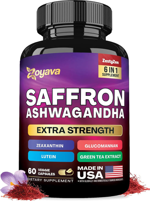 Zoyava Saffron Supplements 1000mg Glucomannan 1000mg Ashwagandha 1000mg Green Tea Extract 1000mg Lutein & Zeaxanthin - Pure Saffron Extract Capsul...
