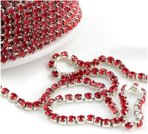 1 Roll 10 Yards Rhinestone Trim Crystal Cup Chain in Silver Setting Casing Clear (Siam/Red SS6 2mm)...