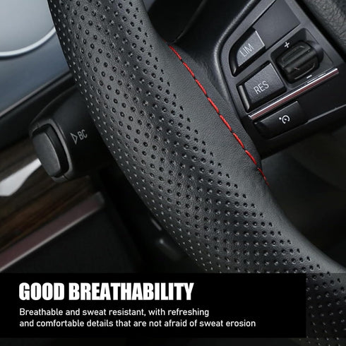 1 PC Car Steering Wheel Protector Cover, 14.96" Hand-Stitched Leather Sweat-Absorbent Steering Wheel Cover Tie with Air Hole, Motors Comfort Touch...