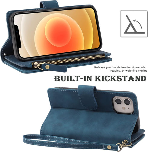 RANYOK Wallet Case Compatible with iPhone 12/12 Pro (6.1 inch), Premium PU Leather Zipper Flip Folio RFID Blocking Wallet with Wrist Strap Kicksta...