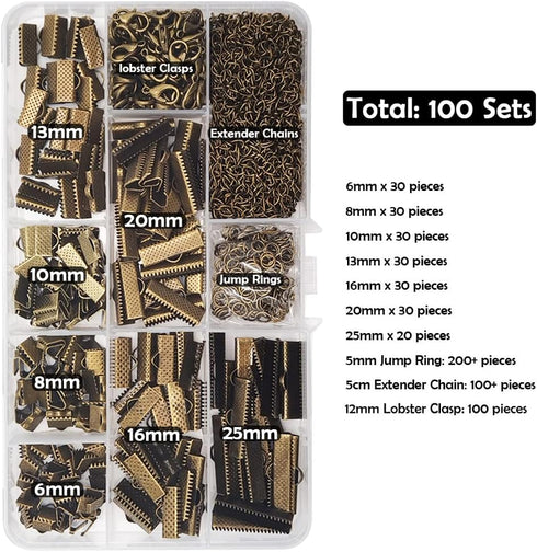 Inspirelle 100 Sets Assorted Size Bronze Ends for Ribbon Bracelet Bookmark Making Crimps Kit with Lobster Clasps and Chain Extenders...