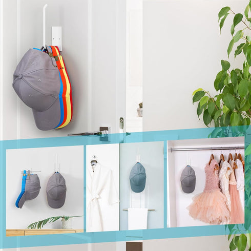 4 Pack Hat Hooks for Wall, Strong Adhesive Hat Hanger Holder for Baseball Caps, Multi-Purpose Hook Organizer Can Hold More Than 10 Hats for Door/C...