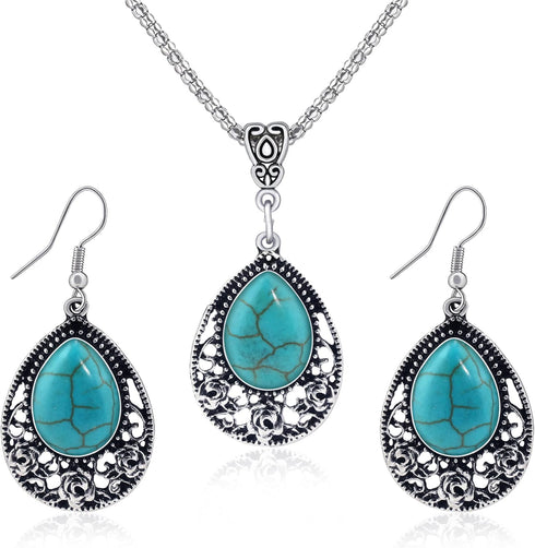 Boho Turquoise Jewelry with Dangle Earrings and Turquoise Necklace for Women Trendy, Handmade Bohemian Western Chunky Necklaces and Statement Earr...
