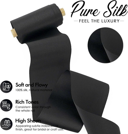 MEEDEE Black Silk Ribbon 2 Inch Silk Ribbon Black Pure Silk Hair Ribbon Black Satin Silk Ribbon 5 Yards On Spool Black Ribbon for Crafts, Wedding ...