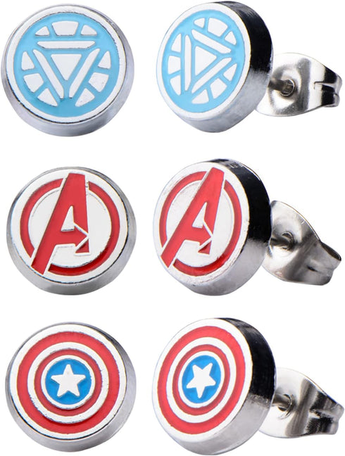 Officially Licensed Marvel Comics Stainless Steel Women's Avenger Logo Pack Round Stud Hypoallergenic Earrings, Unisex...