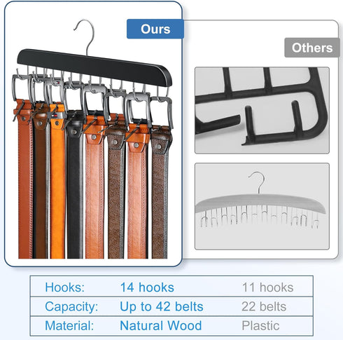 Belt Hanger for Closet Max 42 Belts, Sturdy Wood Belt Rack Closet Accessories with 14 Hooks Belt Organizer for Closet Organizers and Storage -Blac...