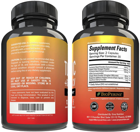 Turmeric & Ginger Supplement Capsules with Apple Cider Vinegar - Enhanced Immunity & Metabolism Support - 95% Curcuminoids, Bioperine (Black Peppe...