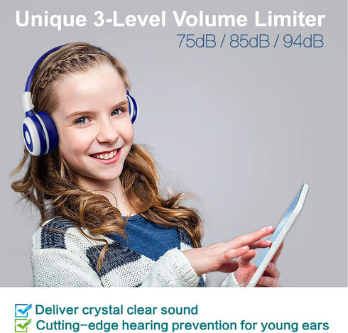 SIMOLIO Kids Headphones Bluetooth for Boys, Built-in Microphone and Share Port, Safe 75dB,85dB,94dB Volume Limited, Foldable and Adjustable, Wirel...