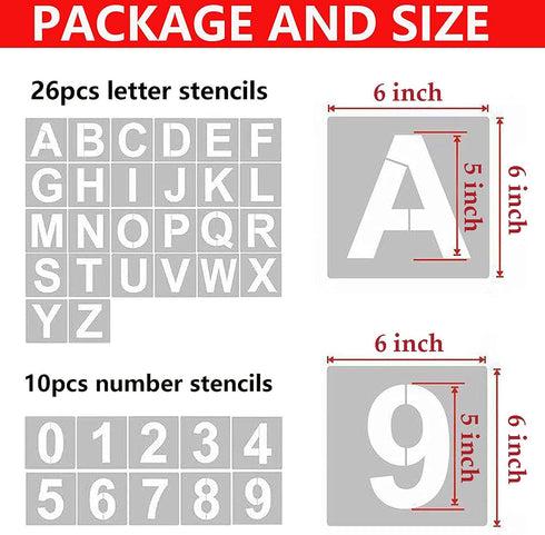 6 Inch Letter Stencils and Numbers, 36 Pcs Alphabet Stencils, Reusable Plastic Stencils for Wood, Wall, Fabric, Rock, Signage (6 Inch)...