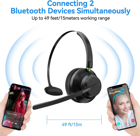 AUSDOM Trucker Bluetooth Headset with Microphone: A2301 Wireless 5.2 On-Ear Headset with AI Noise Cancelling Mic & Mute Button, 50H Playtime for W...