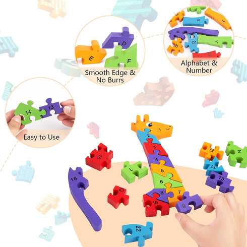LovesTown Giraffe Wooden Puzzle, 26PCS Jigsaw Puzzle Alphabet and Number Blocks Wooden Building Blocks for Kid Preschool...